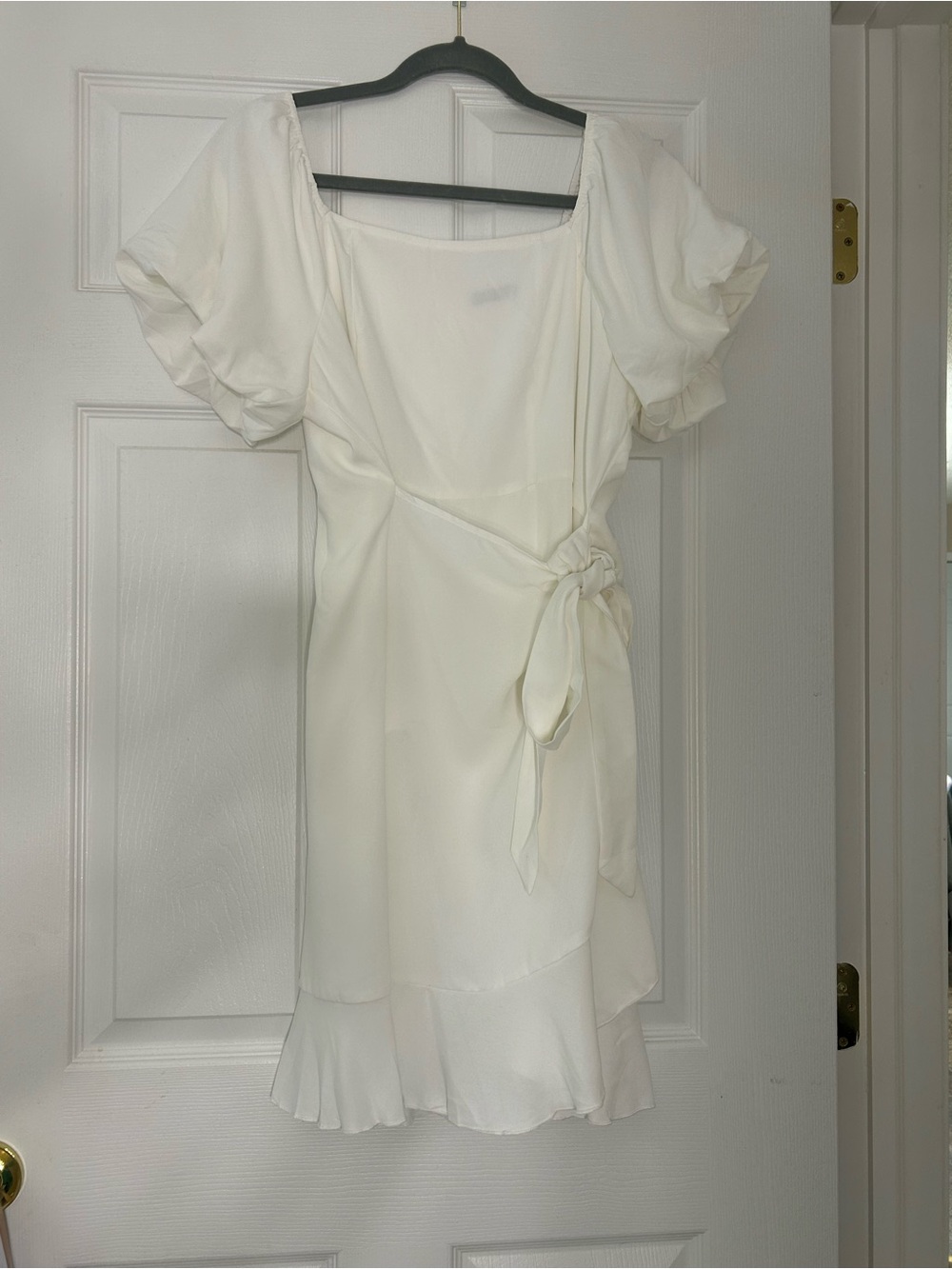 Square-Neck Puff Sleeve Tie-Waist Mini Dress in White